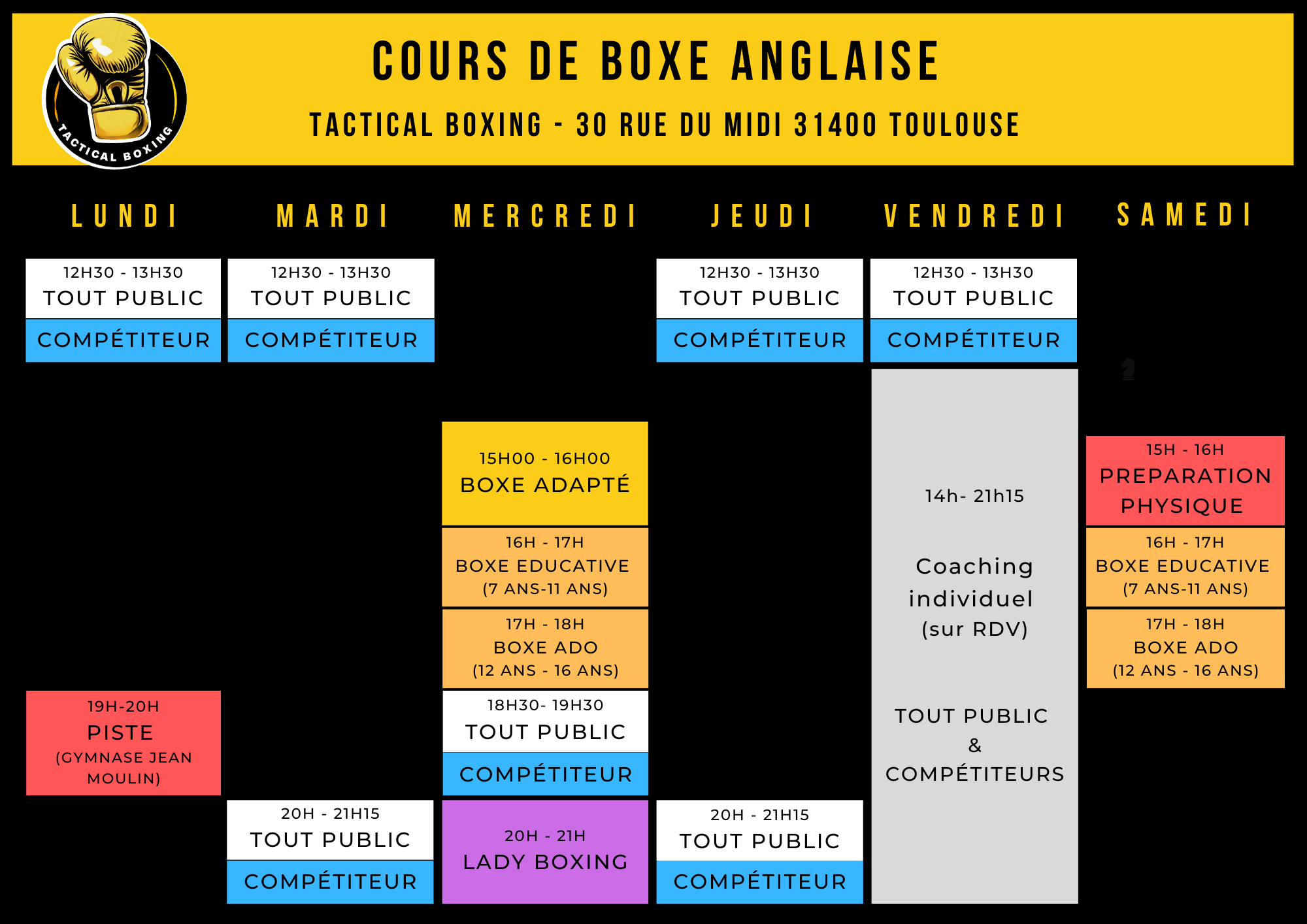 Planning des cours Tactical Boxing